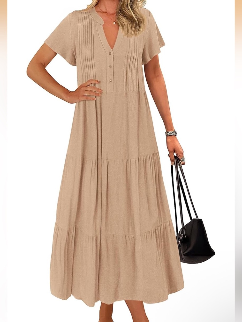 Kirundo Beige Tiered Short-Sleeve Maxi Dress - Casual Women’s Dress